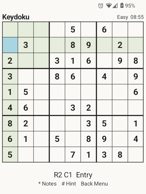 Keydoku Sudoku board on a small phone screen